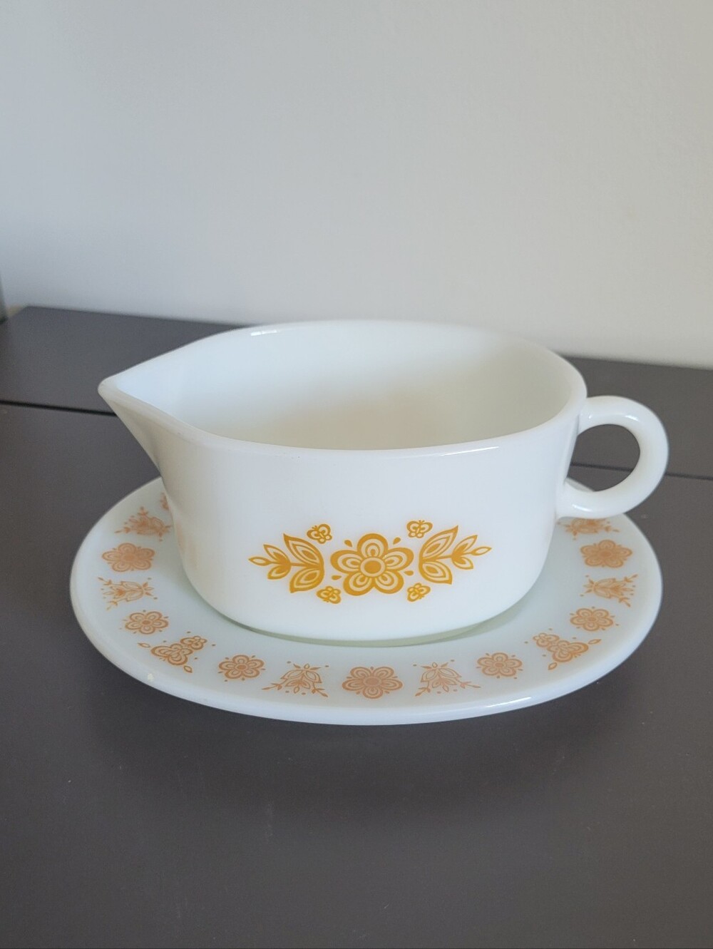 Vintage 70s Pyrex Butterfly Gold Gravy Boat & Saucer Harvest Gold Milkglass